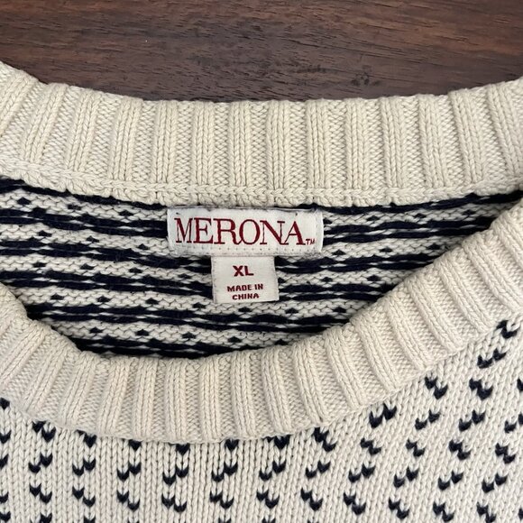Merona Pullover Sweater Men's XL Ivory Nordic Fair Isle Ski Holiday Cotton - Picture 2 of 6